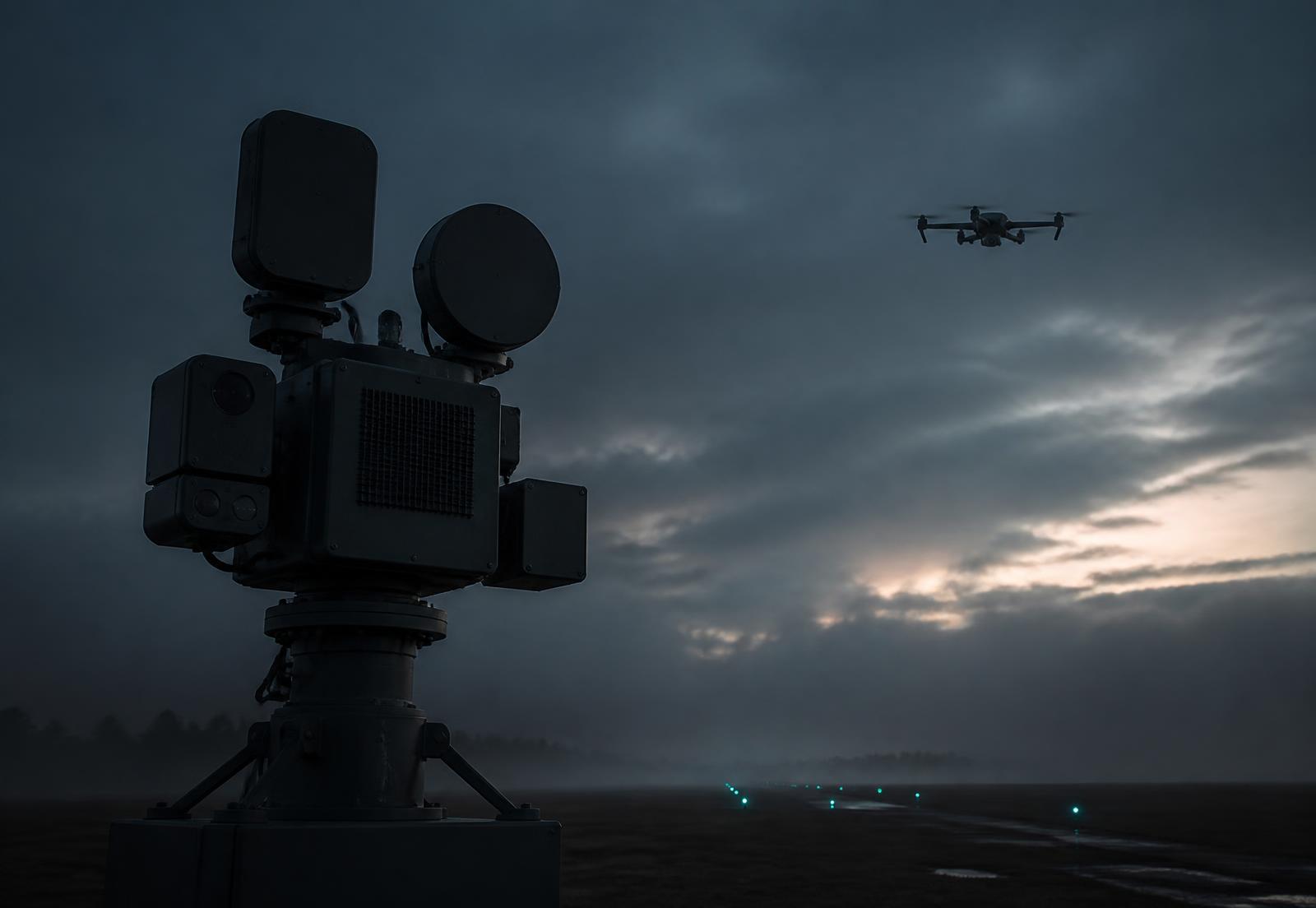Counter-UAS sensor mast tracking a small drone at dusk over an airfield